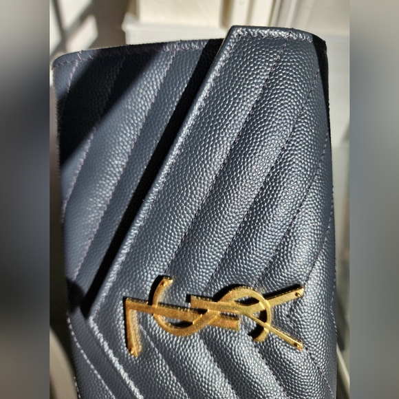 Saint Laurent Grain de Poudre Matelasse Flap Wallet Dark Gray Leather Gold YSL - Picture 10 of 12